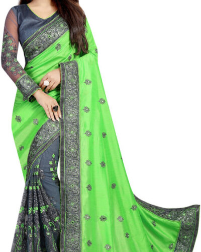 Self Design, Embroidered, Embellished, Solid/Plain Bollywood Georgette, Net Saree (Green)