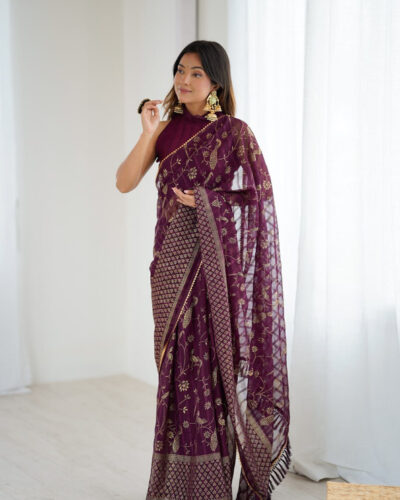 Self Design, Woven Bollywood Georgette Saree (Purple)
