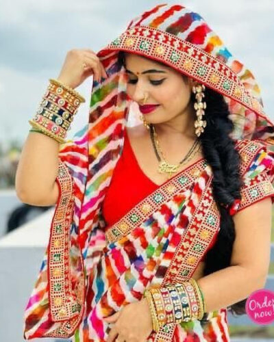 Embroidered Leheria Georgette Saree (Multicolor)