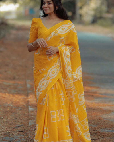 Printed Bollywood Cotton Linen Saree (Yellow)
