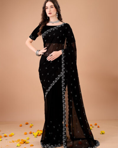 Embroidered, Embellished Bollywood Georgette Saree (Black)