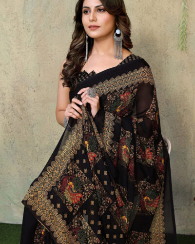 Printed, Digital Print Daily Wear Georgette Saree (Black)
