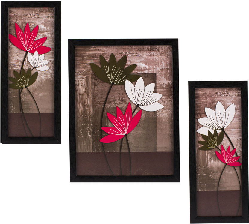 Indianara 3 PC SET OF FLORAL PAINTINGS WITHOUT GLASS 5.2 X 12.5, 9.5 X 12.5, 5.2 X 12.5 INCH Digital Reprint 13 inch x 10 inch Painting (With Frame, Pack of 3)