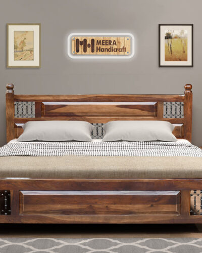 Meera Handicraft bed solid sheesham wood in Queen size Delivery Condition - DIY(Do-It-Yourself)) Solid Wood Queen Bed (Finish Color - Natural Finish Walnut, Delivery Condition - DIY(Do-It-Yourself))