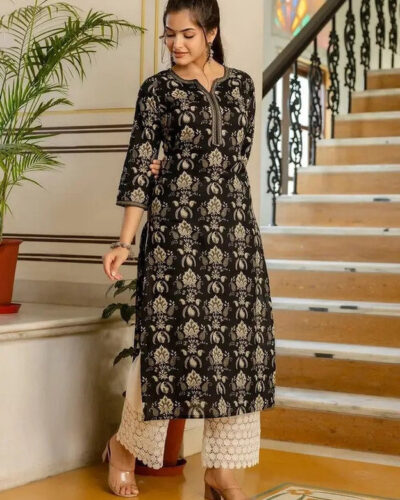 Women Printed Viscose Rayon Straight Kurta (Black)