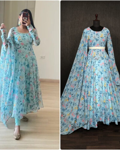 Women Floral Print Georgette Gown Kurta With Attached Dupatta (Multicolor)