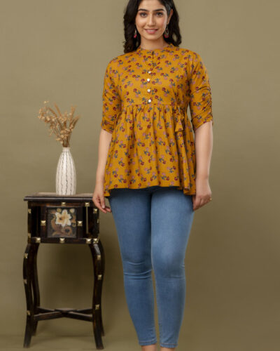 Women Printed Cotton Blend Ethnic Dress (Yellow)