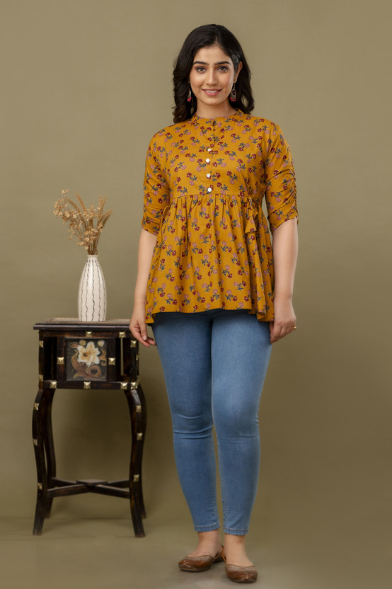 Women Printed Cotton Blend Ethnic Dress (Yellow)