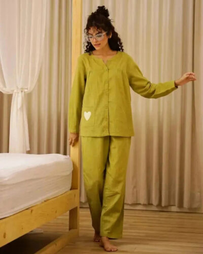 Women Night Suit Set Green Solid