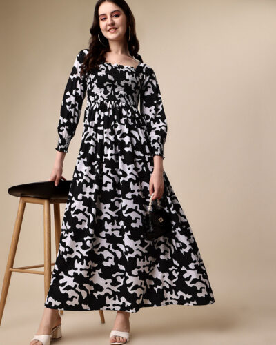 Women Fit and Flare Black, White Maxi/Full Length Dress
