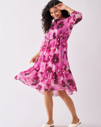 Women Fit and Flare Pink, Maroon, White Midi/Calf Length Dress