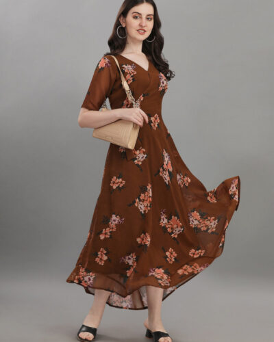 Women A-line Brown Midi/Calf Length Dress