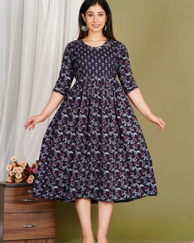 Women Printed Cotton Blend A-line Kurta (Blue)