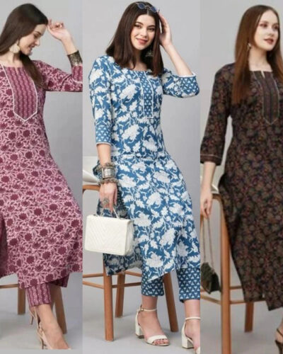 Women Cotton Blend Kurti Pant Set