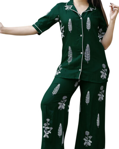 Women Shirt & Pyjama set Green Printed