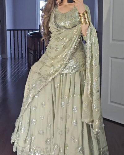 Embroidered Stitched Lehenga & Crop Top (Light Green)