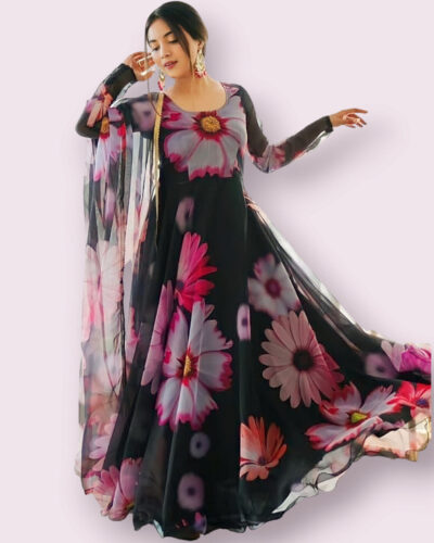 Women Self Design Cotton Blend Gown Kurta (Black)