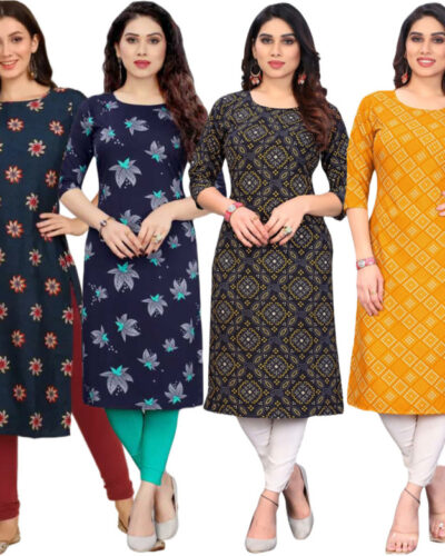 Pack of 4 Women Printed Crepe Straight Kurta (Black)