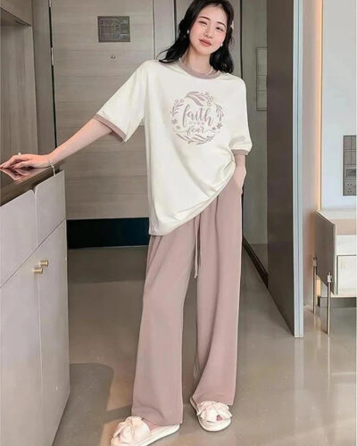 Women Top & Pyjama Set Pink Printed