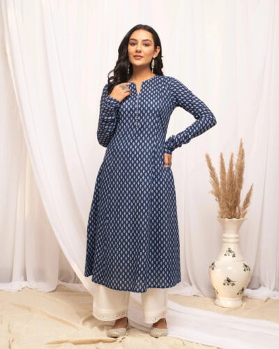 Women Floral Print Pure Cotton A-line Kurta (Dark Blue, Light Blue)