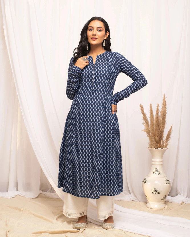 Women Floral Print Pure Cotton A-line Kurta (Dark Blue, Light Blue)