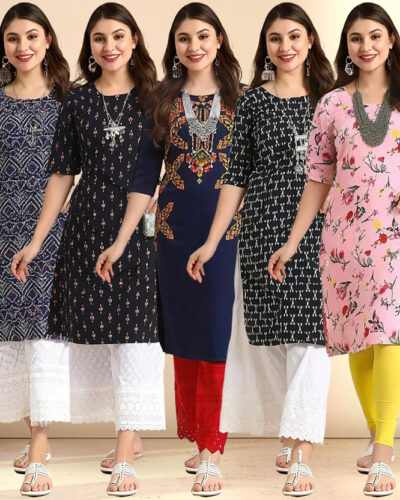Pack of 5 Women Printed Crepe A-line Kurta (Multicolor)