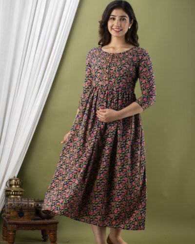 Women Floral Print Pure Cotton A-line Kurta (Blue, Green)
