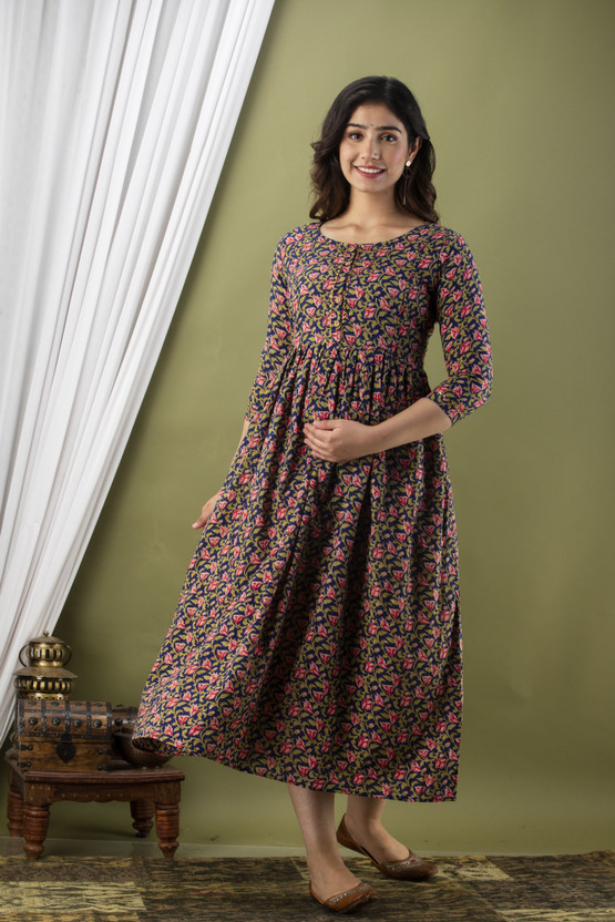 Women Floral Print Pure Cotton A-line Kurta (Blue, Green)