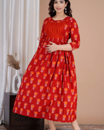Women Floral Print Pure Cotton A-line Kurta (Red, Orange)