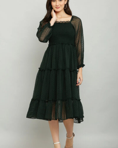 Women Fit and Flare Green Below Knee Dress