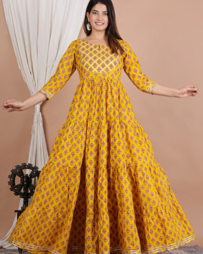 Women Floral Print Cotton Rayon Anarkali Kurta (Yellow)