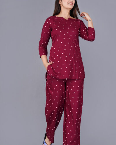 Women Top & Pyjama Set Maroon Printed