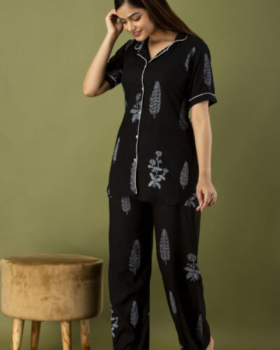 Women Night Suit Set Black Printed