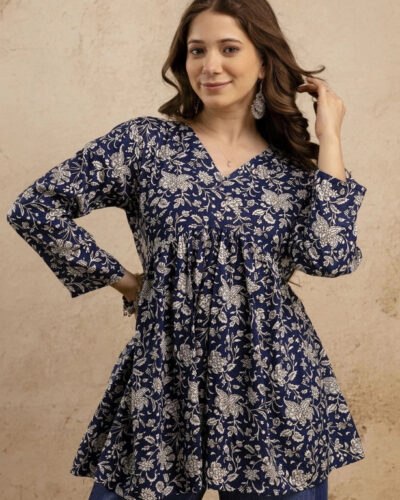 Women Floral Print Viscose Rayon Flared Kurta (Blue)