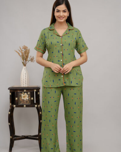 Women Night Suit Set Dark Green Printed