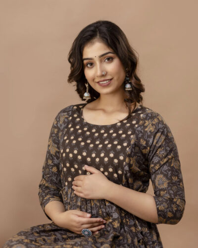 Women Printed Pure Cotton Anarkali Kurta (Brown, Grey)