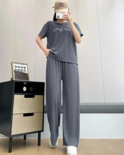 Women Night Suit Set Grey Striped