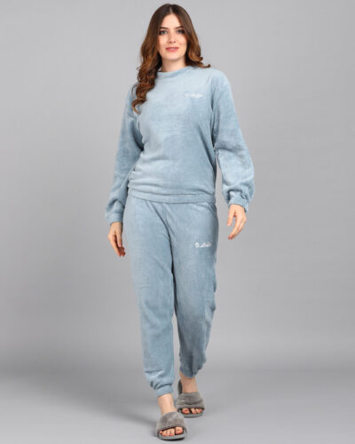 Women Night Suit Set Blue Solid