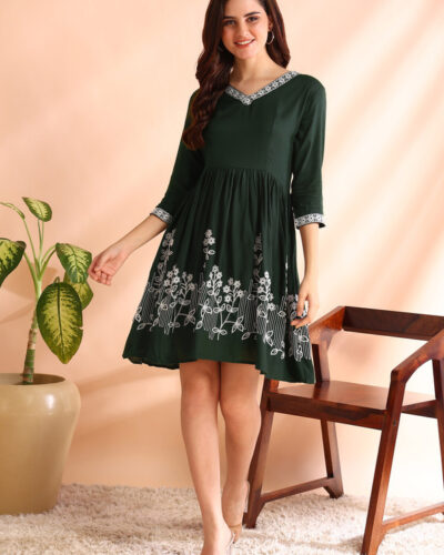 Women Fit and Flare Green Knee Length Dress