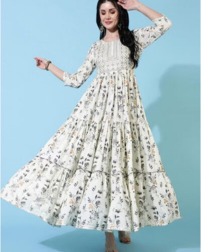 Women Printed Viscose Rayon Anarkali Kurta (White)