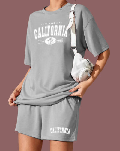 Women Top & Shorts Set Grey Printed