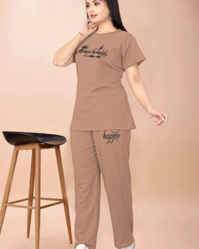 Women Night Suit Set Brown Printed