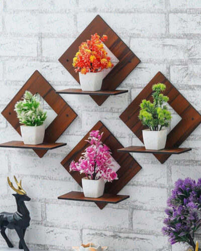 VD Crafts Pot Stand Set of 4 Pieces Decorative Wooden Wall Hanging Wooden Wall Shelf (7 inch X 7 inch, Brown)