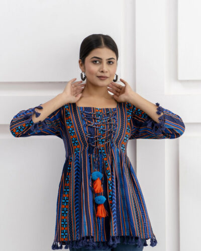 Casual Regular Sleeves Printed Women Blue, Dark Blue, Orange Top