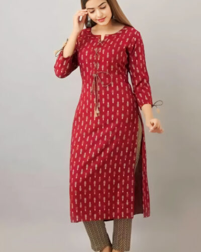 Women Printed Cotton Rayon Straight Kurta (Maroon)