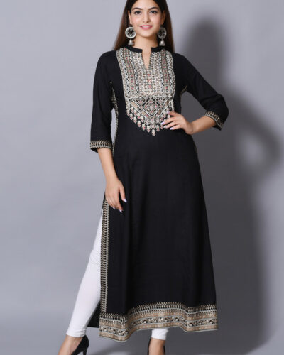 Women Printed Cotton Rayon Asymmetric Kurta (Black)