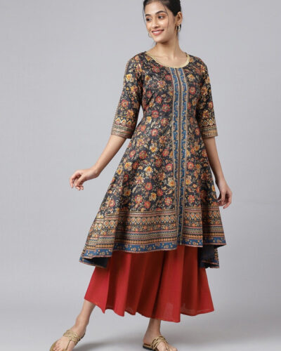 Women Printed Polyester A-line Kurta (Grey)