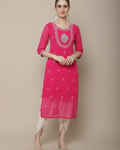 Women Embroidered Georgette A-line Kurta (Pink)