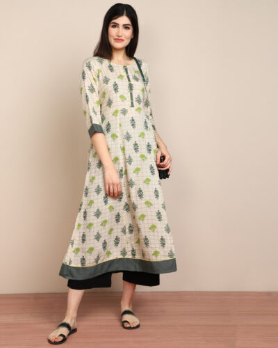 Women Floral Print Viscose Rayon A-line Kurta (White)