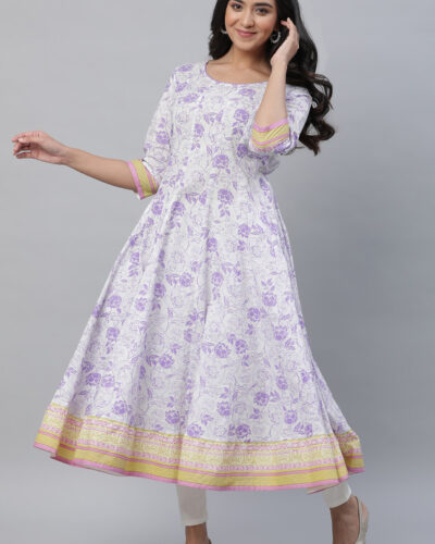 Women Floral Print Pure Cotton Flared Kurta (White)